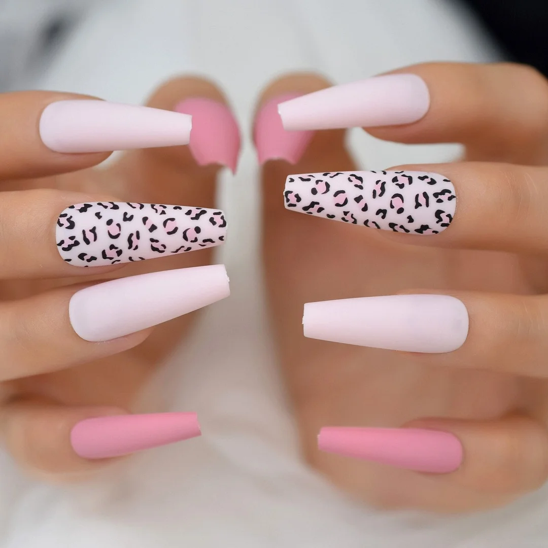 Extra Long Leopard Grain Mixed Pinkie Pink Full Cover Nail Tips Coffin Ballerina Pre Designs Wholesale Nail Hands Long Press Ons-Nail Inspo