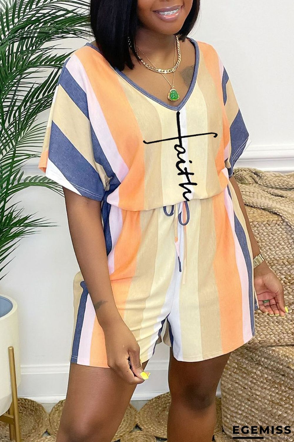 Orange Blue Casual Print Patchwork V Neck Straight Jumpsuits | EGEMISS