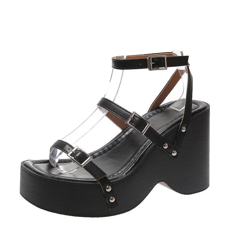 Yyvonne Cake Thick Bottom Heel Sandals Summer New Rivets Word With Open-Shoe High-Heeled Roman Shoes Wearing Beach Shoes