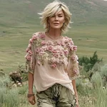 Women's Vintage Rose Embroidered Linen Blend T-shirt - Image 2