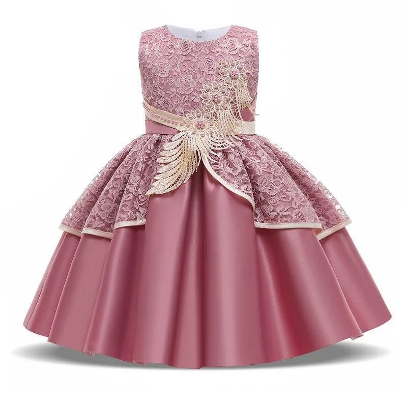 2021 Formal Kids Vintage Embroidery Dress For Girl Children Costume Prom Party Princess Dresses Girls Vestido Short Sleeve Gown 1113-1