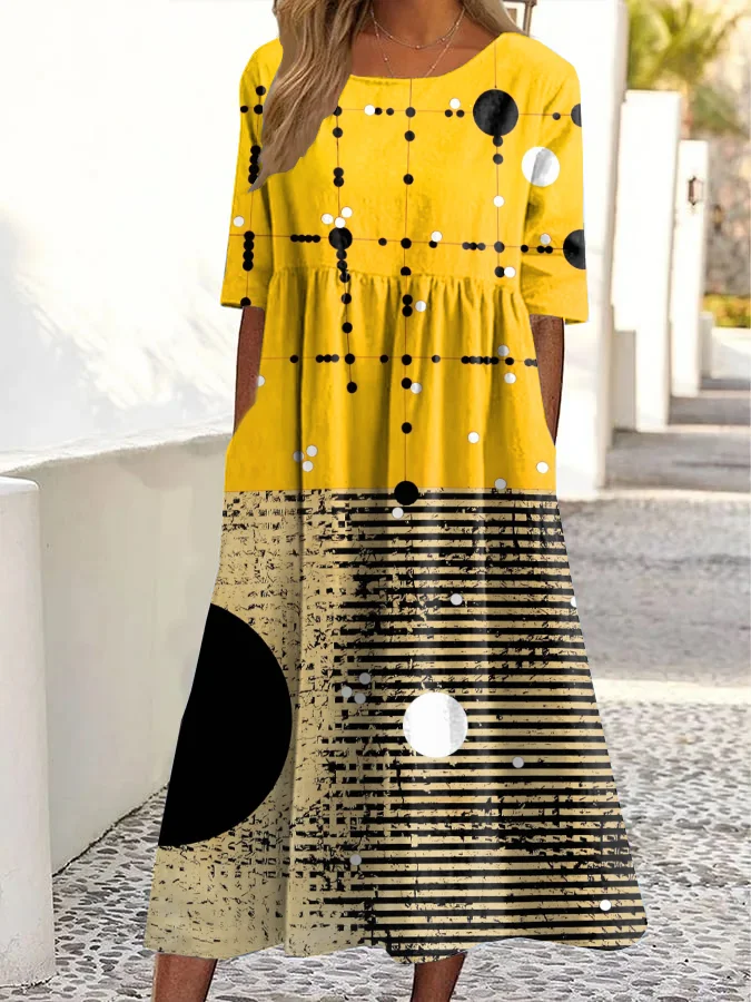 Retro Abstract Geometric Art Print Round Neck Pocket Midi Dress
