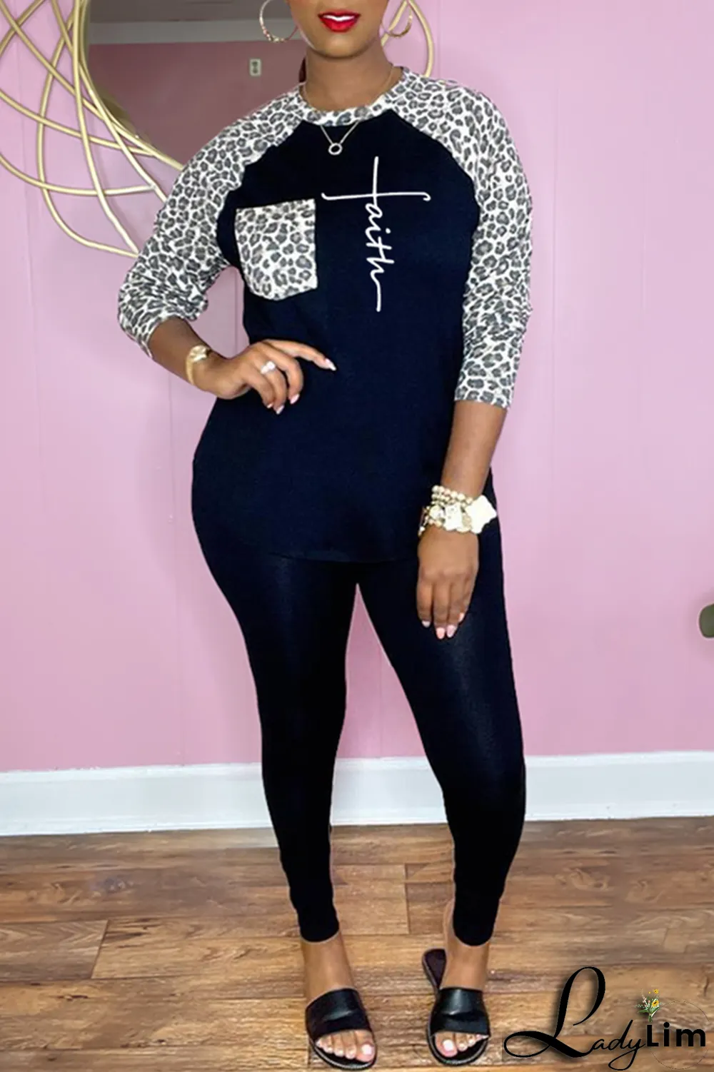 Blue Fashion Leopard Patchwork O Neck Long Sleeve Two Pieces