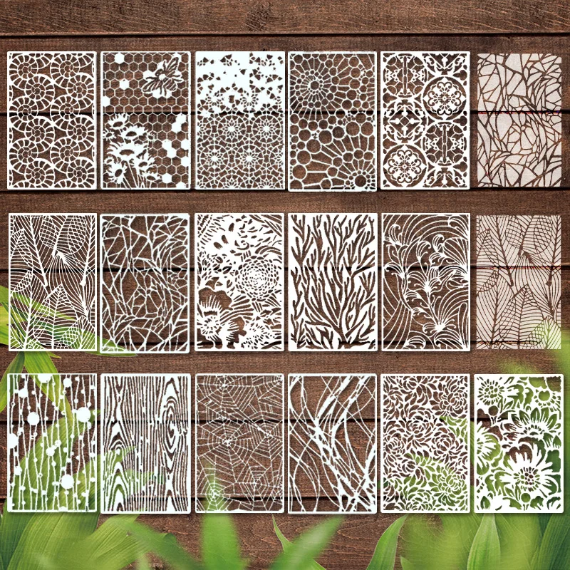 Journalsay 12pcs/16pcs Leaves Coral Plant Lines Pattern Hollow Painting Template Stamp 