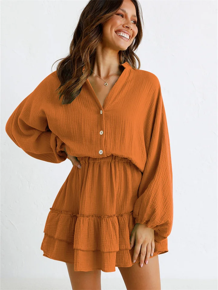 Long Sleeve V-neck Ruffle Chiffon Dress