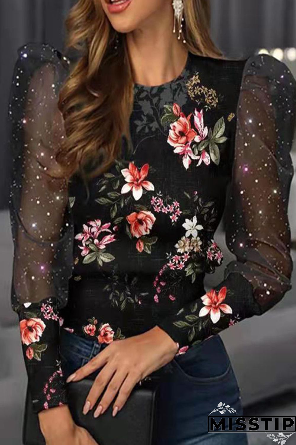 Apricot Pink Casual Print Patchwork O Neck Tops