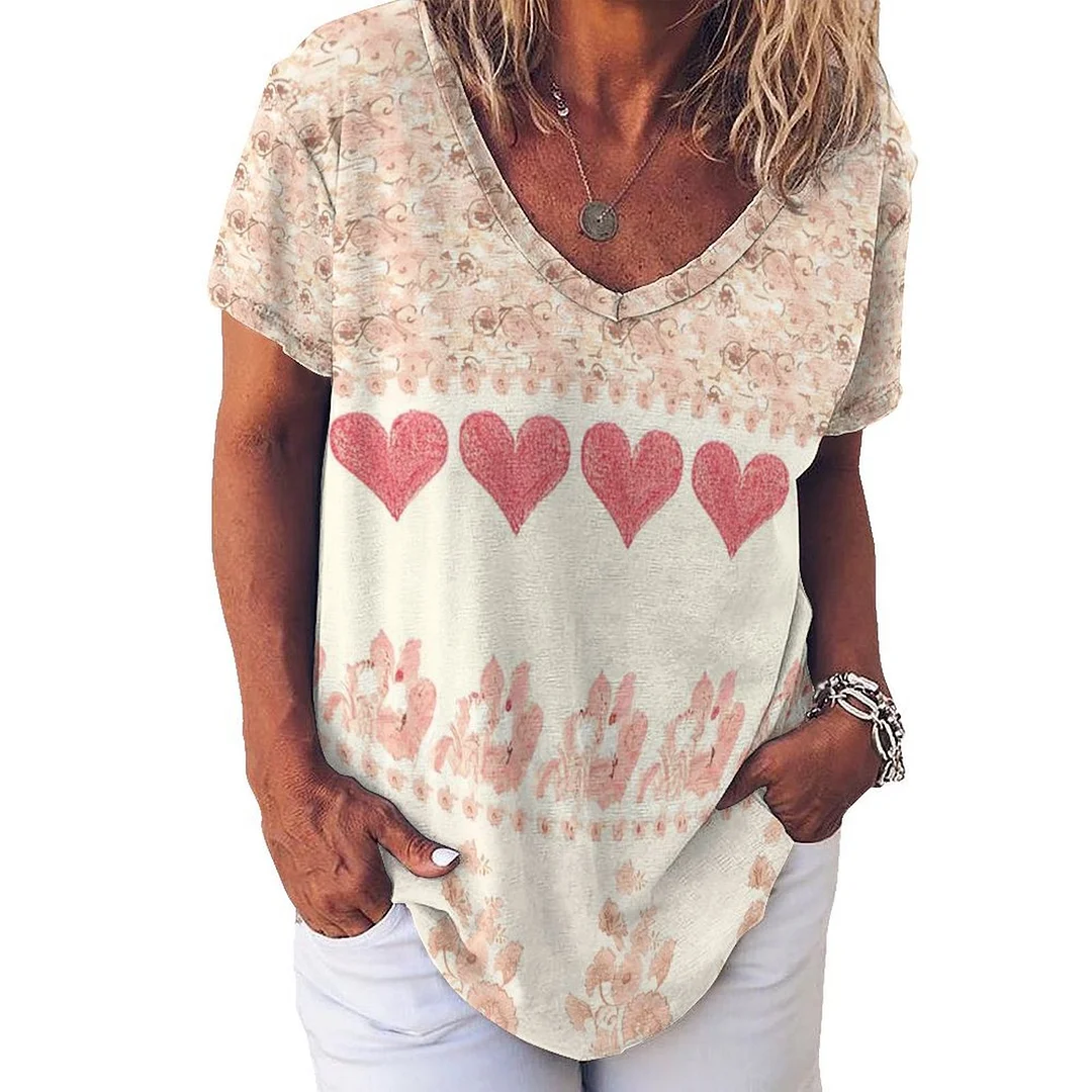 V-neck Short Sleeve Casual T-shirt for  Women Printed with Pattern Floral, Pink, Heart