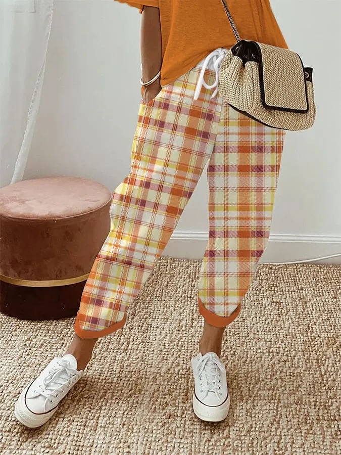 Women's Autumn Plaid Cotton and Linen Casual Pants (With Pockets) 