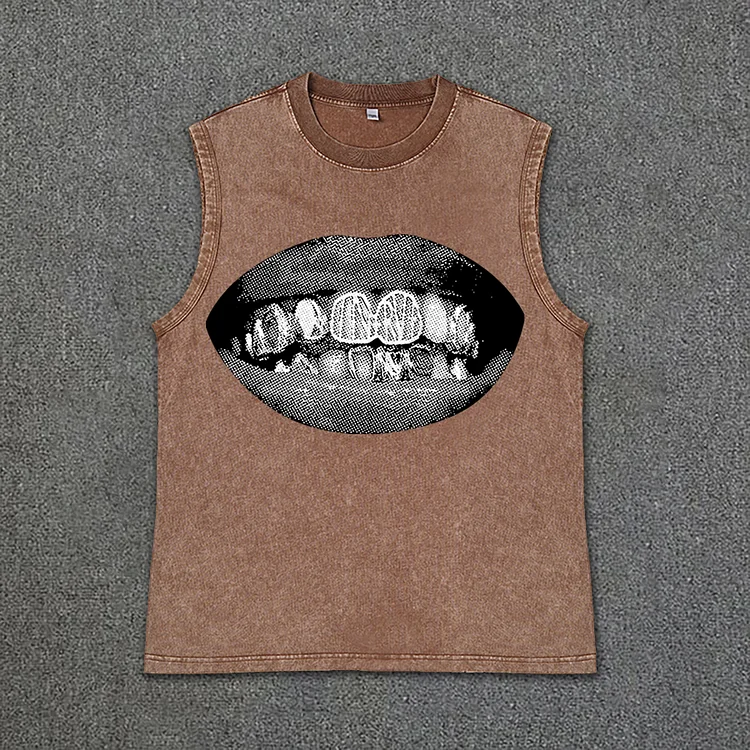 Men's Retro Casual Personalized Lip Print Acid Washed Tank Top