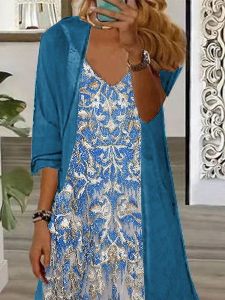 Women's Long Sleeve V-neck Gradient Graphic Printed Two Pieces Maxi Dress