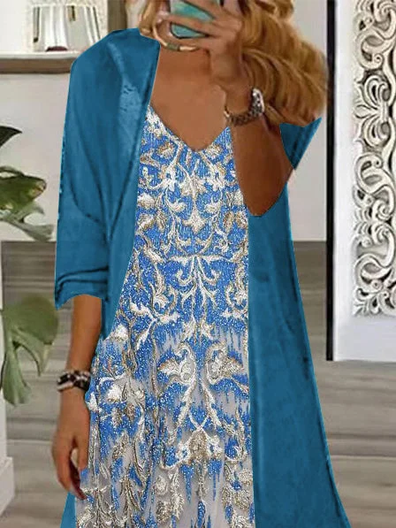 Women's Long Sleeve V-neck Gradient Graphic Printed Two Pieces Maxi Dress