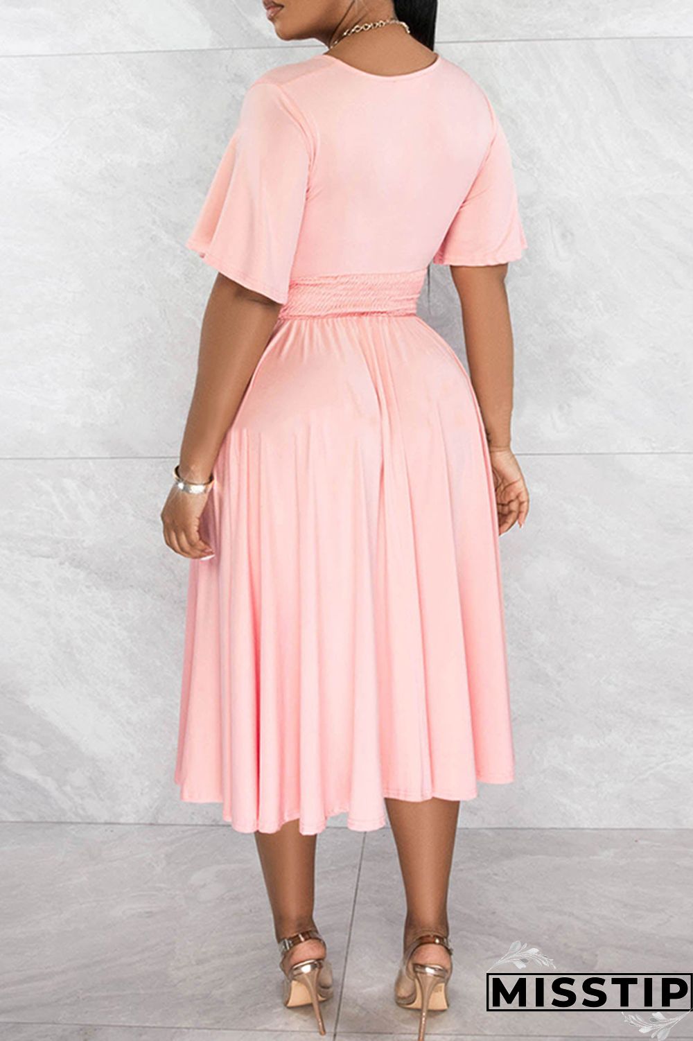 Black Casual Solid Patchwork V Neck Short Sleeve Dress