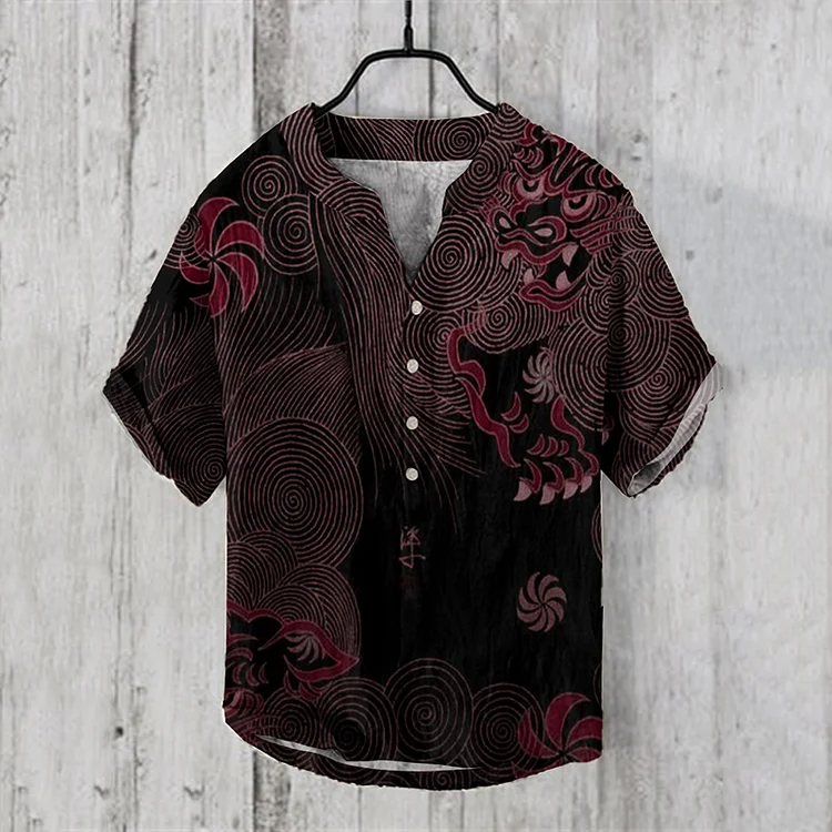 Japanese Art Mythical Animal Element Pattern Linen Blend Cozy Shirt