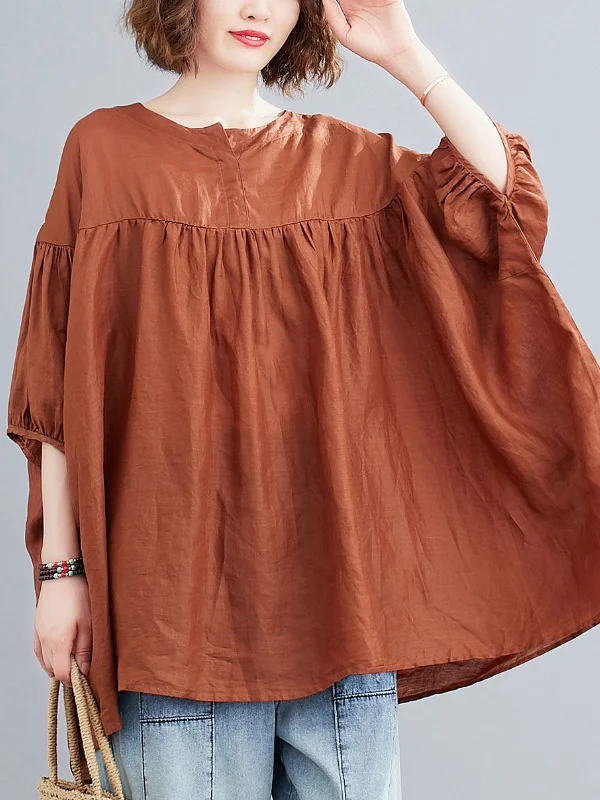 Casual Roomy Split-Joint Batwing Sleeves V-Neck Shirts Top