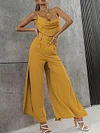 Spaghetti-Neck Ruffled Top+High-Waisted Split-Side Wide Leg Pants Two-Piece Suits