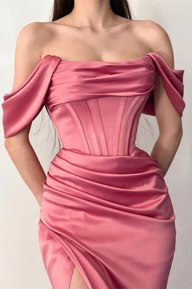 Exquisite Dusty Rose Off-The-Shoulder Satin Evening Dresses A-Line Side Split With Beads main image 0