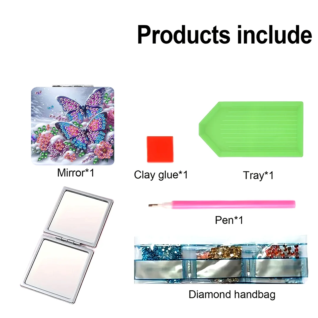 Butterfly Flowers DIY Special Shaped Diamond Painting Compact Mirror Kits Diamond Art Painting Pocket Mirror for Beginners Adults Art Craft Woman Gifts
