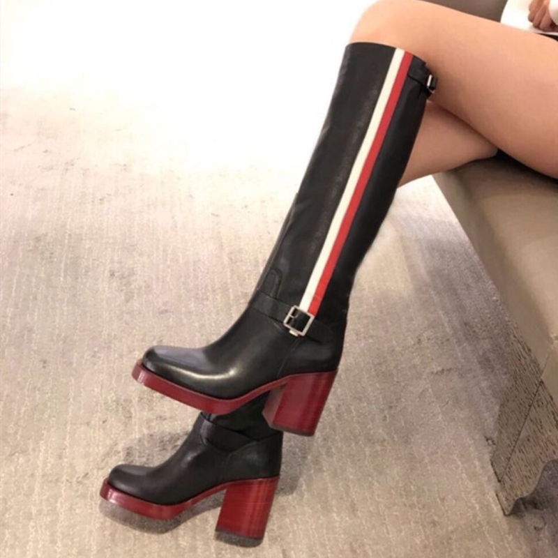 TAAFO White Red Stripes Leather Boots Knee High Western Boots Square Heel Women Shoes