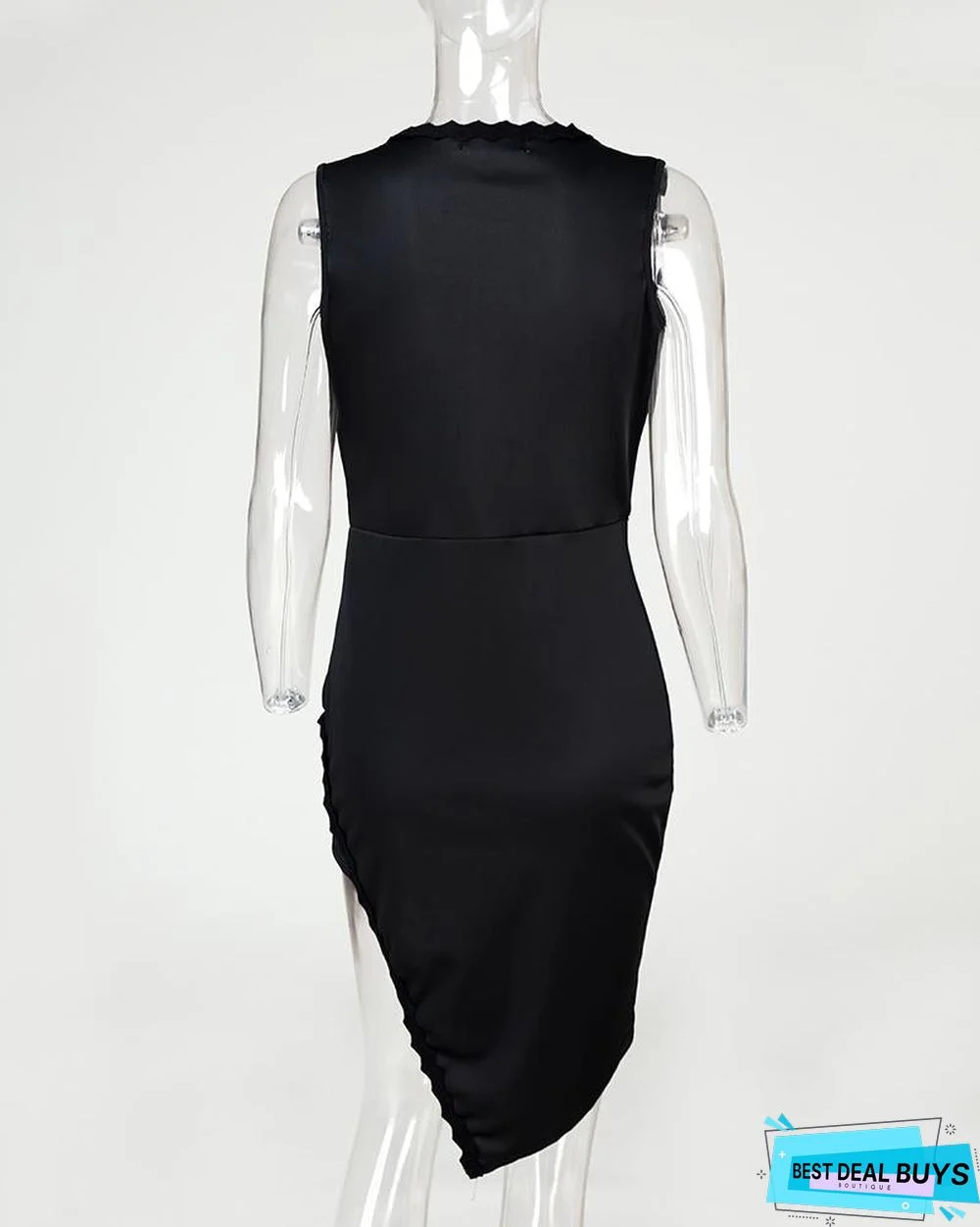 Sexy Deep V Scalloped Split Bodycon Dress Black Dresses