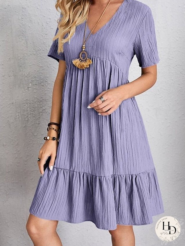 Casual Dress Shift Dress Plain Dress Plain Ruffle V Neck Midi Dress Basic Classic Outdoor Daily Short Sleeve Loose Fit Black Pink Red Spring Summer S M L XL XXL for Women