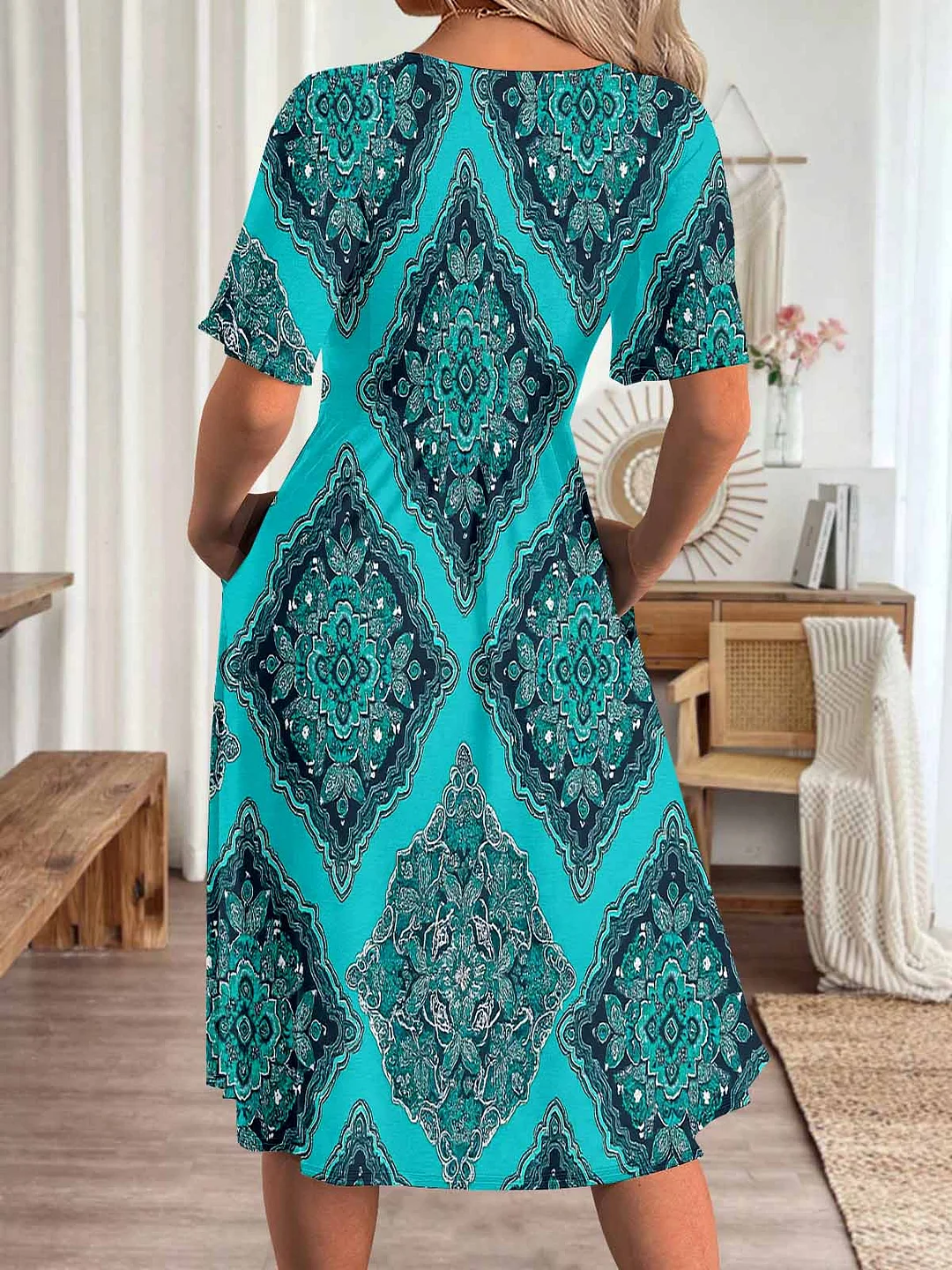 Women Graphic,Blue DZHA8067 Short Sleeve Scoop Neck Graphic Printed Hollow Midi Dress