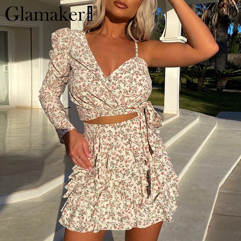 Glamaker Sexy one shoulder floral print 2 piece suits Women holiday ruffles mini dress Elegant crop top and skirt lady sets 2021