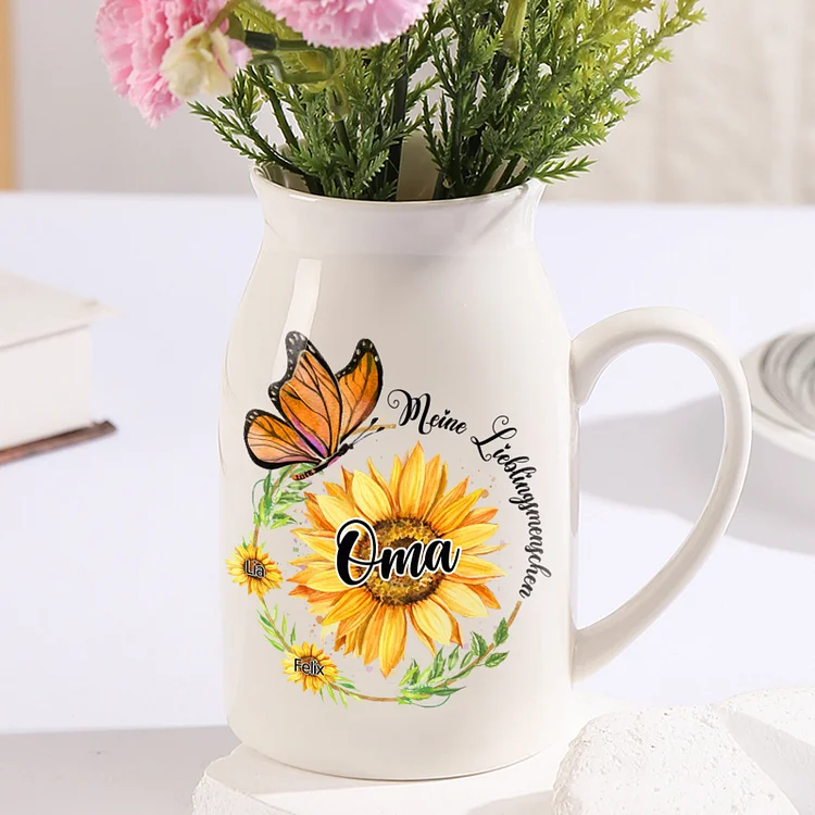 Kettenmachen Personalisierte 2 Texte & 2 Namen Sonnenblume & Schmetterling Familie Vase