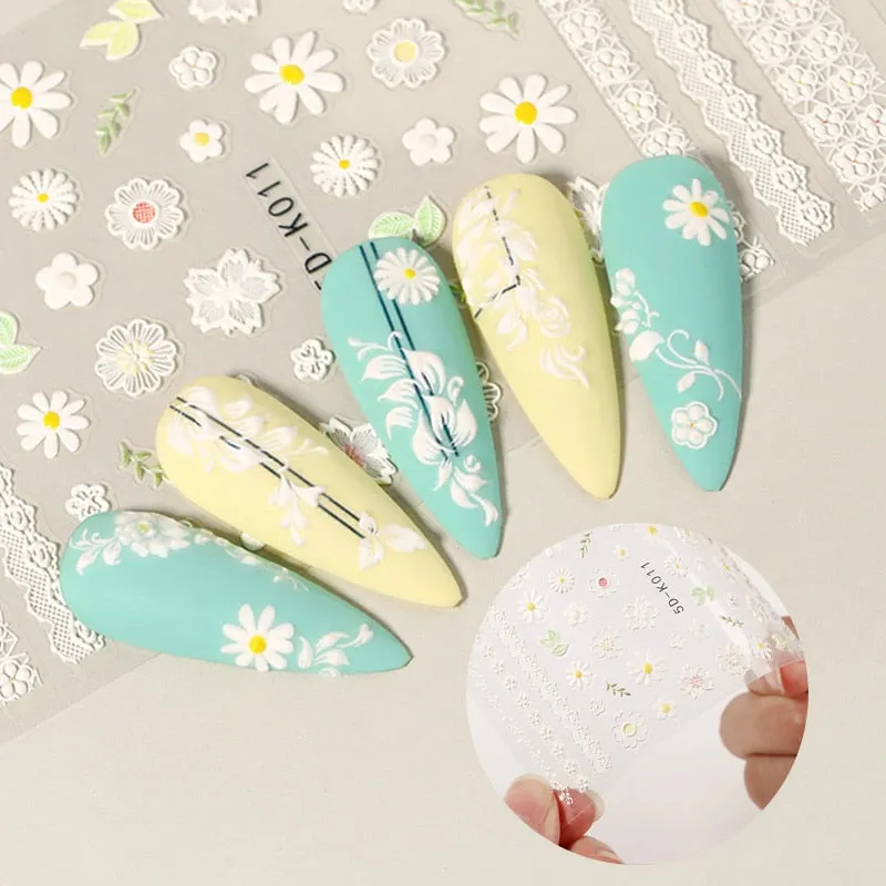 1 Sheet White Embossed Flower Lace Sticker Decal Wedding Nail Art Designs Floral Butterfly Japanese Manicures Nail Decoration