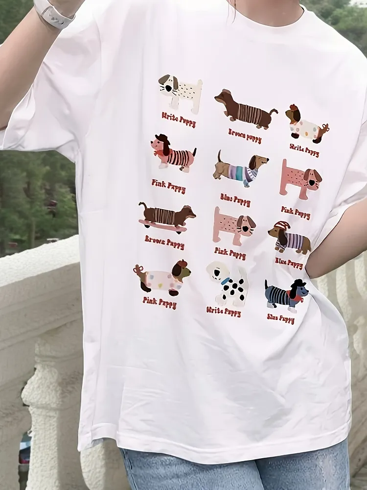 Womens White T-Shirt With Cute Dog Print Short Sleeve Casual Summer Top Good Text Soft