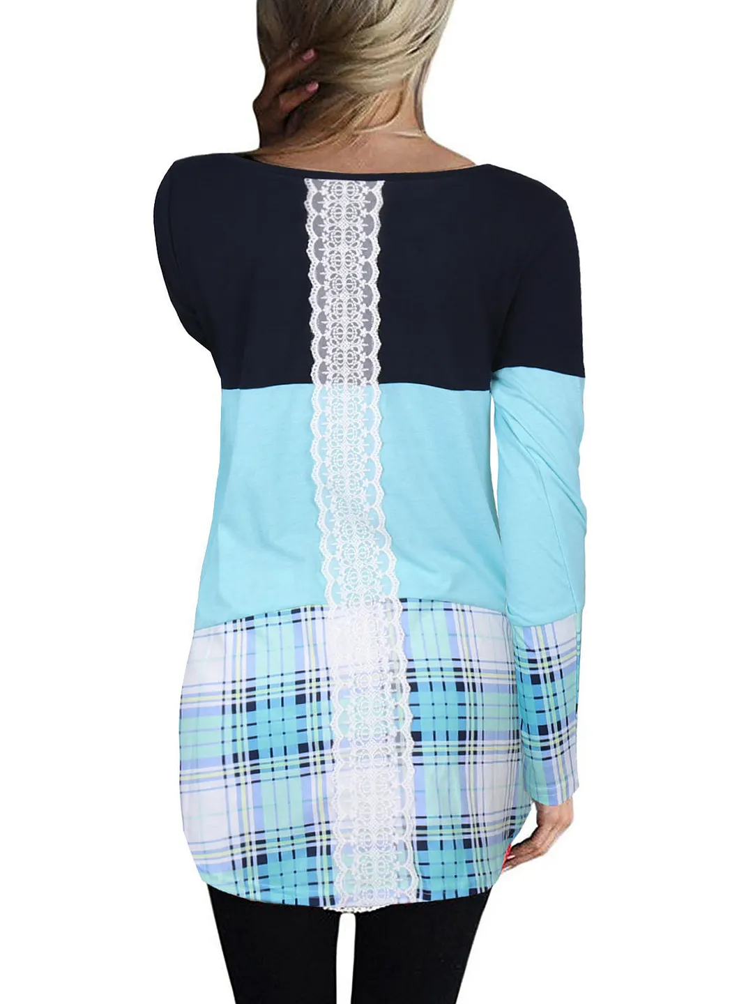 Women's Scoop Neck Long Sleeve Plaid Tops