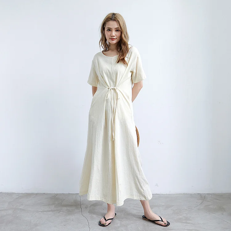 Casual Solid Color Lace-Up Midi Dress