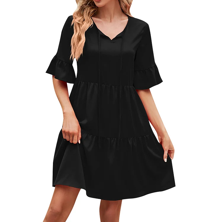 Summer V Neck Loose Casual Solid Color Fashion Floral Mini Dress