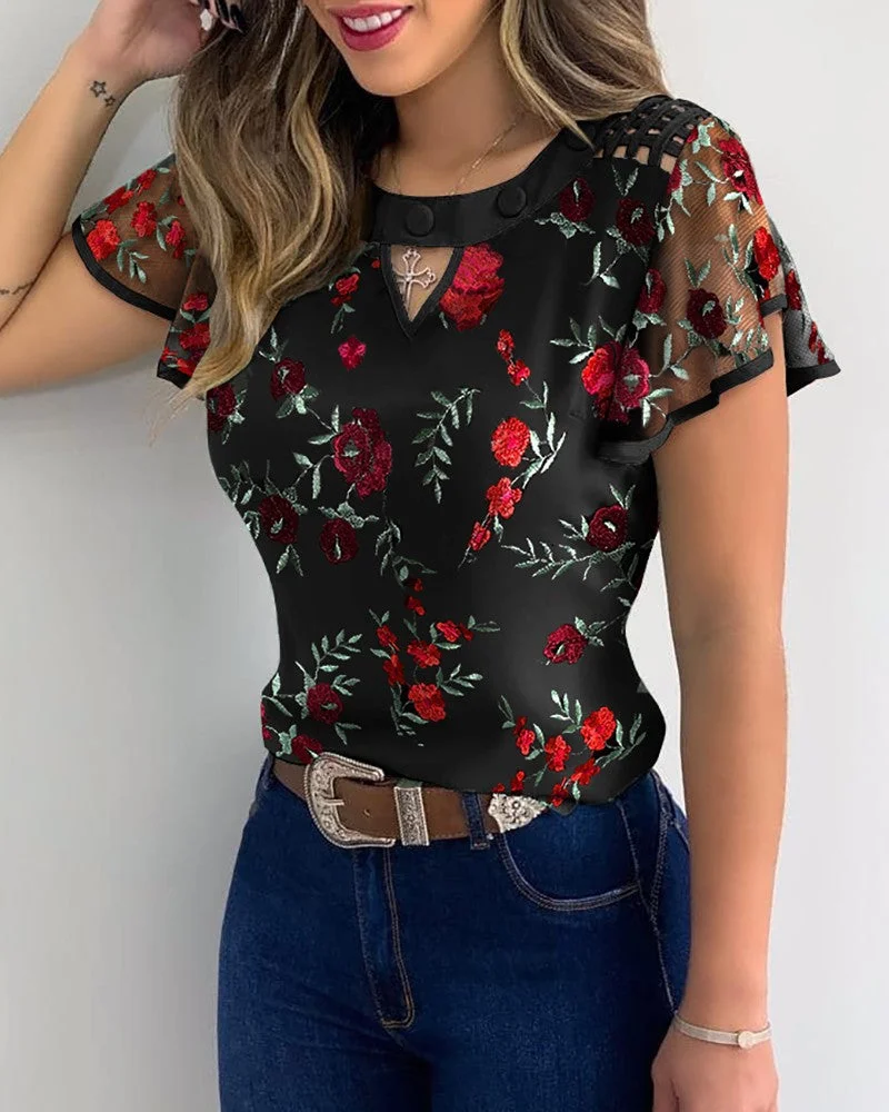 Graduation Gifts  Women's Mesh Ruffled Sleeve T-Shirt Summer Fashion Casual Flower Embroidery Cutout Mesh Sheer Tops Ladies Slim Round Collar Tops
