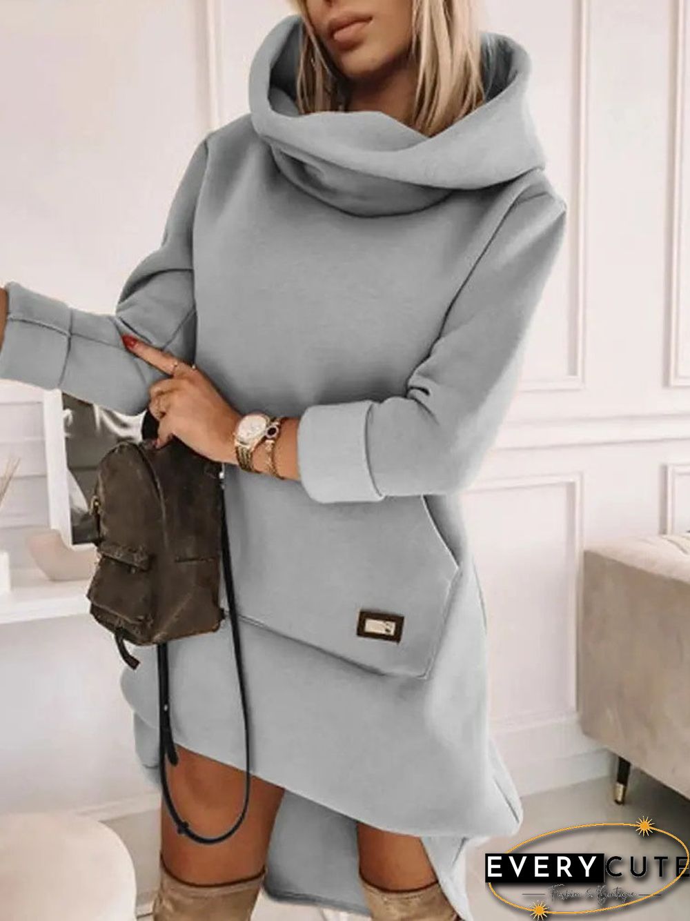 Women's Long Sleeve Hooded Solid Color Midi Dress