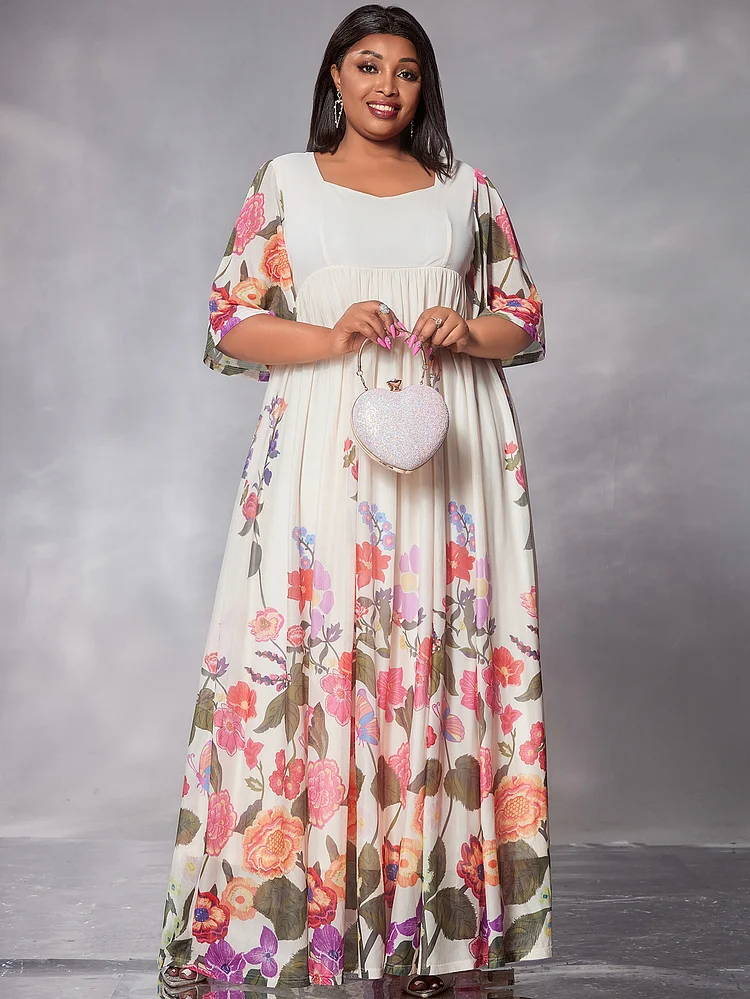 Xpluswear Design Plus Size Casual Maxi Dresses Elegant White Floral Square Neck Half Sleeve Maxi Dresses [Pre-Order]