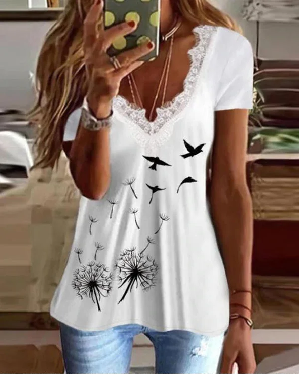 Lace Printed V-Neck Short Sleeve Sexy Top