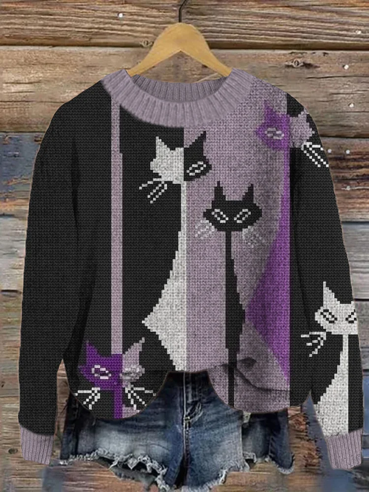 VChics Geometric Cat Knit Art Crew Neck Sweater
