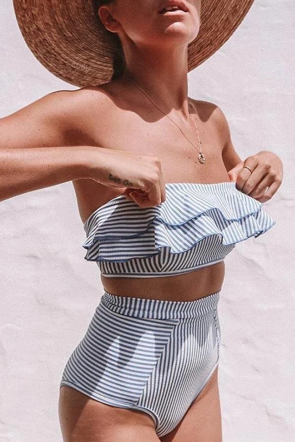 Women Flounce Sleeve Bandeau Stripe Swimsuit-Allyzone-Allyzone