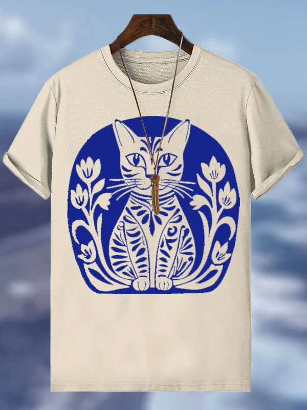 Men's Cute Blue Cat Vacation Print Cotton Casual T-Shirt