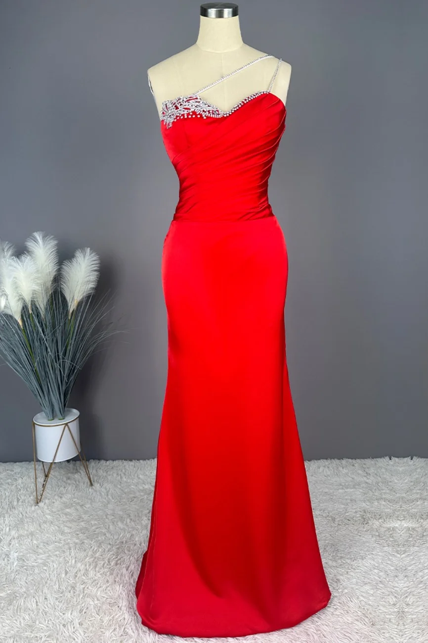 Okdais Red Prom Dress Long Sleeveless Sweetheart With Beadings X0021