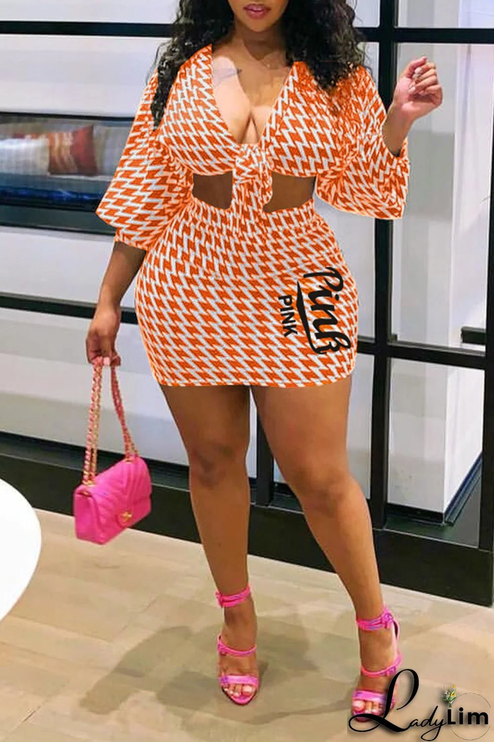 Black Sexy Print Patchwork V Neck Plus Size Two Pieces