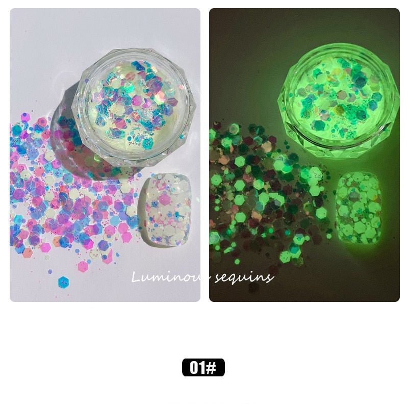 1 Box Luminous Nail Glitter Neon Hexagon Fluorescent Flake Glow in the Dark Sequin Nails Art Decorations Manicure Accessories