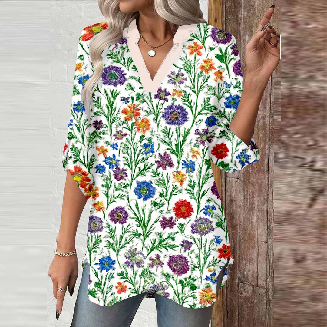 Women Floral, Green,Ladynora DZGA0041 3/4 Sleeve V-neck Printed Graphic Button Tops