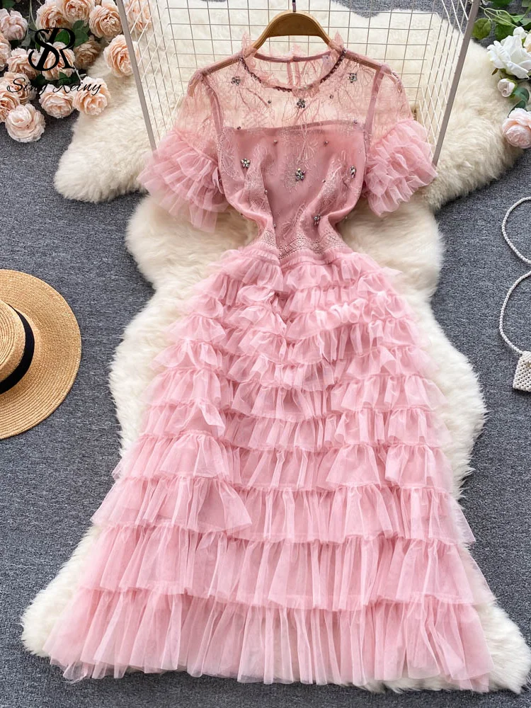 Tanguoant French Sweet Lace Hollow Out Dress 2023 Summer Short Sleeve O Neck Long Dress Women Elastic Waist Sheath Cake Dress