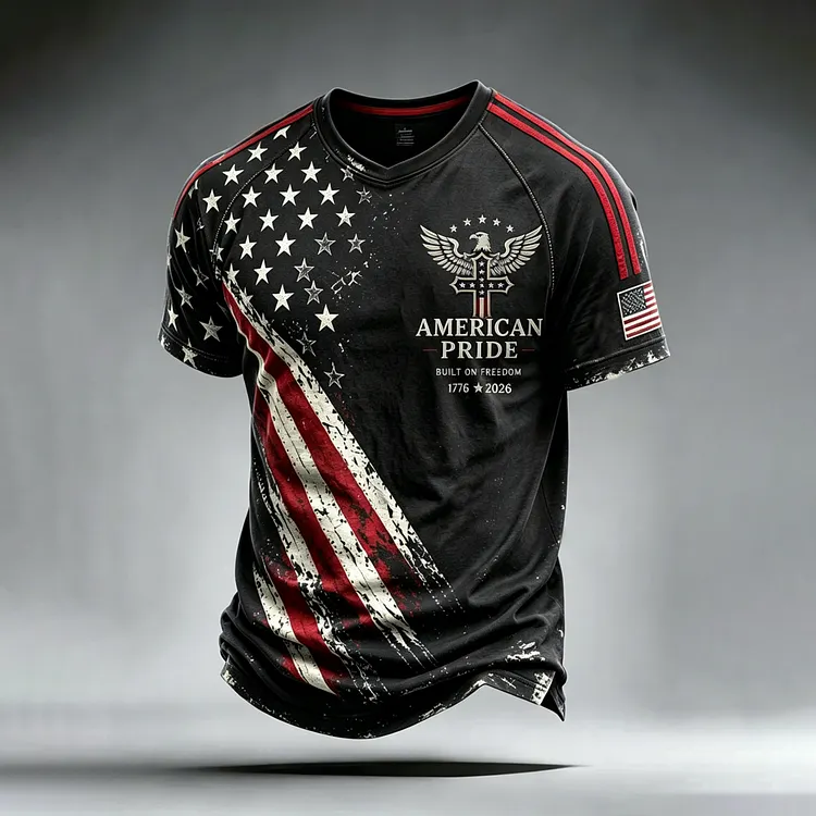 Men's Retro American Pride Faith Cross Print Short Sleeve T-shirt