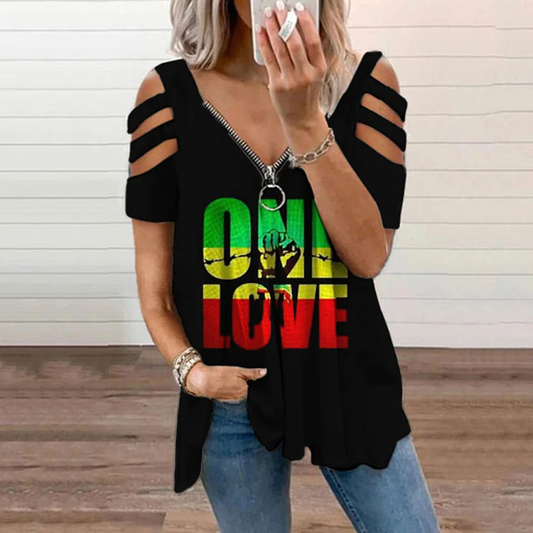 One Love Print Off-The-Shoulder T-Shirt