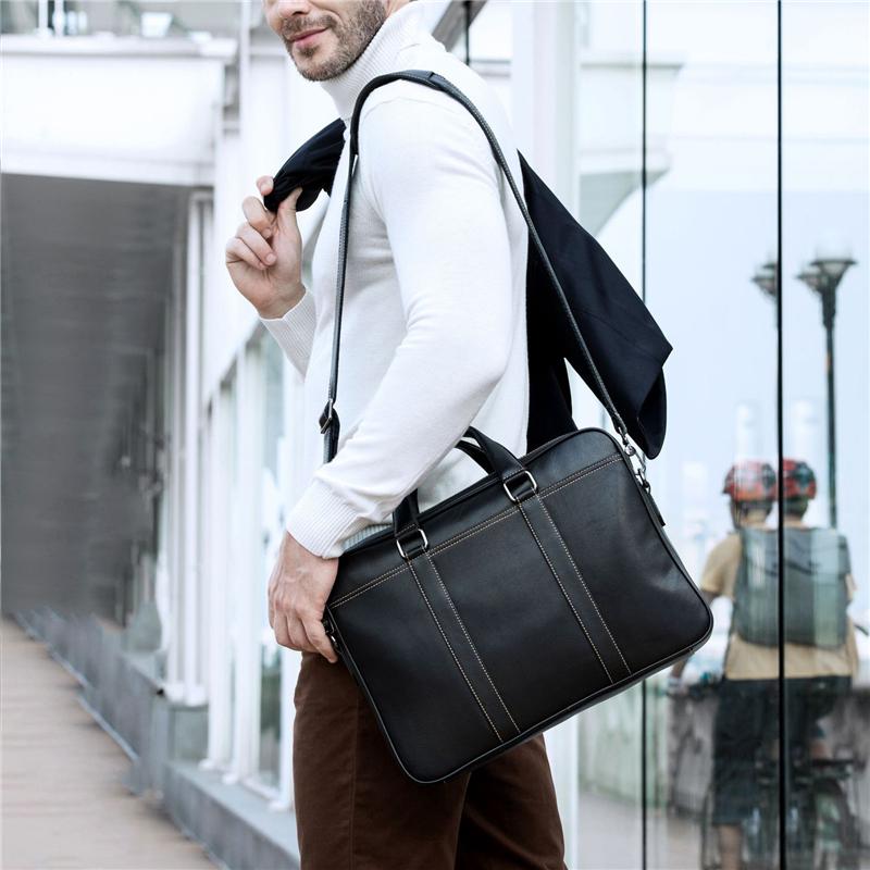 Fine Stitching Dual Top Handle Detachable Sling Strap Zip Top Genuine Leather Briefcase