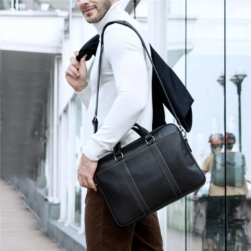 Fine Stitching Dual Top Handle Detachable Sling Strap Zip Top Genuine Leather Briefcase