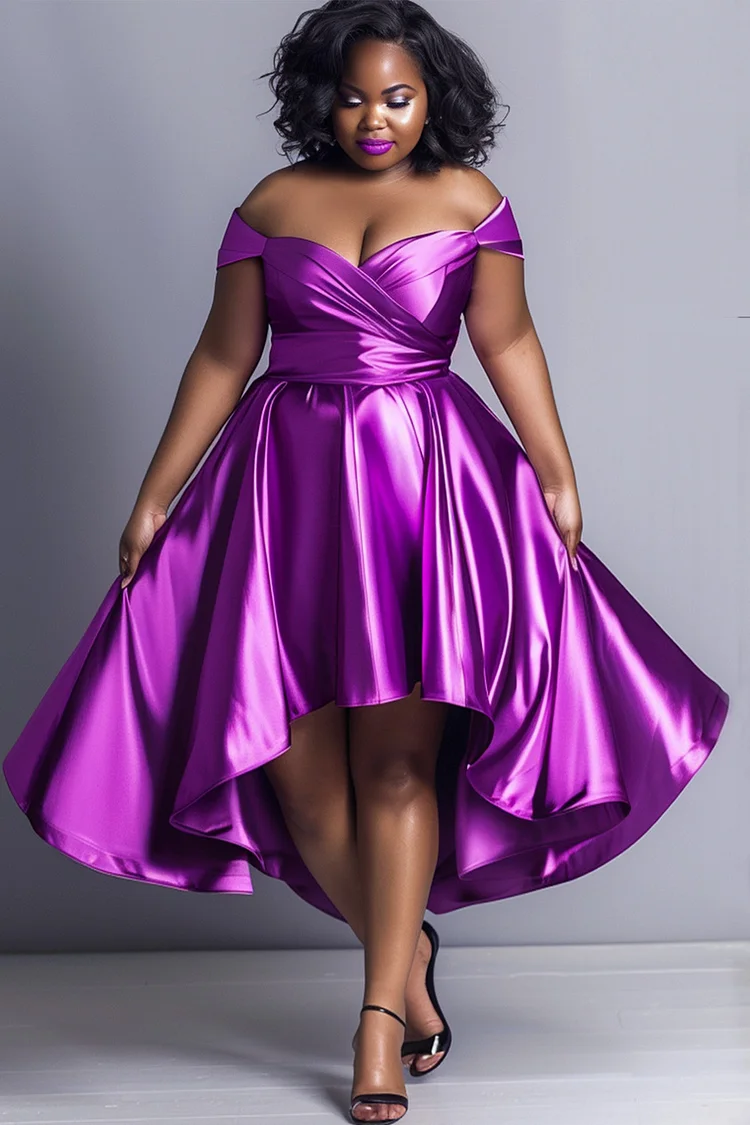Xpluswear Design Semi Formal Purple Off The Shoulder Cap Sleeve Asymmetric Hem Satin Midi Dresses [Pre-Order]