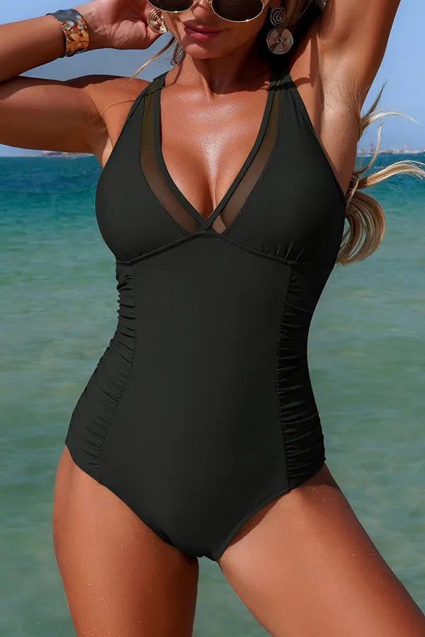 Fashionable Mesh-paneled V-neck Pleated Stretch One-piece Swimsuit
